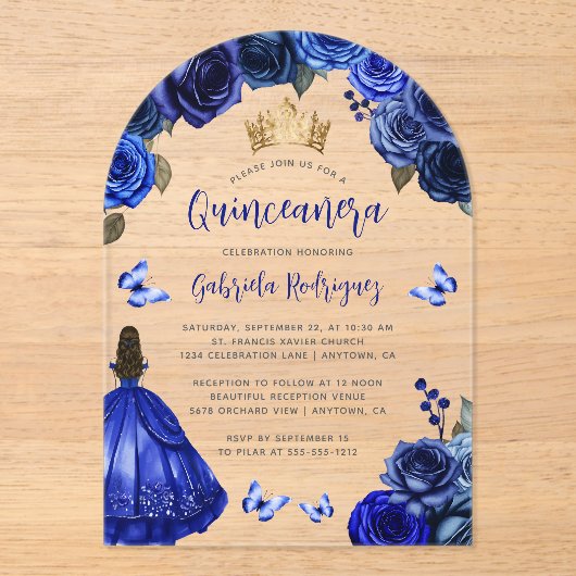 ロイヤルブルーの花のバラの水彩画のキンセアニエラ アクリル招待状 (正面)
