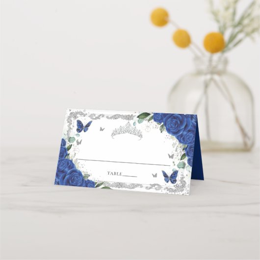 ロイヤルブルーの花の蝶のキンチャネラ スイート16 プレイスカード (裏面)