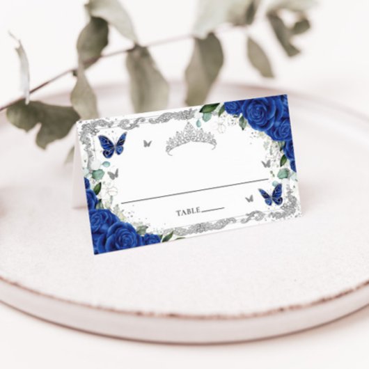 ロイヤルブルーの花の蝶のキンチャネラ スイート16 プレイスカード