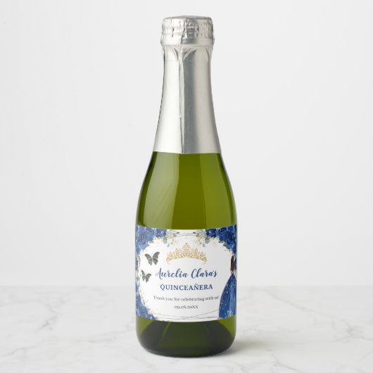 ロイヤルブルーの花モチーフのゴールドのキンチェアラ誕生日 スパークリングワインラベル (正面)