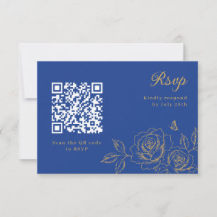 ロイヤルブルーの花柄キンセアニェーラRSVP QRコード 出欠カード