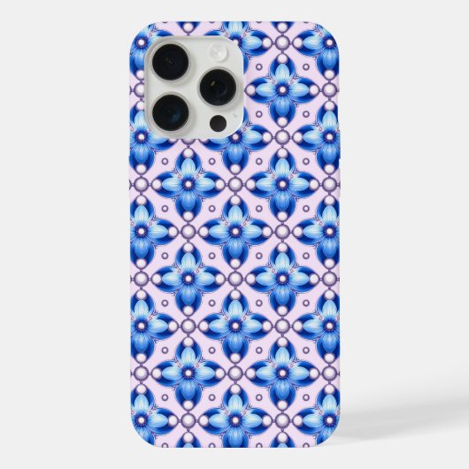 ロイヤルブルーの花柄タイル Luxe ✨ パールアクセント エレガント iPhoneケース (裏面)