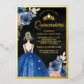 ロイヤルブルーの花柄ドレス 黒のキンセアニエラ ゴールド 箔招待状 (正面)