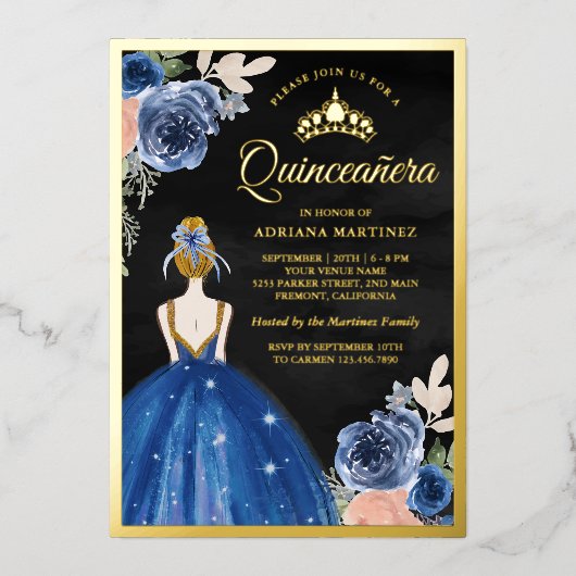 ロイヤルブルーの花柄ドレス 黒のキンセアニエラ ゴールド 箔招待状 (正面)