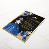 ロイヤルブルーの花柄ドレス 黒のキンセアニエラ ゴールド 箔招待状 (回転した状態)