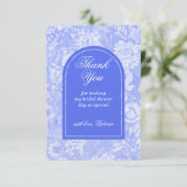 ロイヤルブルーの花柄ビクトリアンスタイルのブライズシャワー サンキューカード (スタンド正面)
