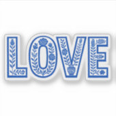 ロイヤルブルーの花柄「LOVE」ステッカー シール (正面)