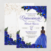 ロイヤルブルーの花飾りとゴールドのエレガントなキンセアニエラ 招待状 (正面/裏面)