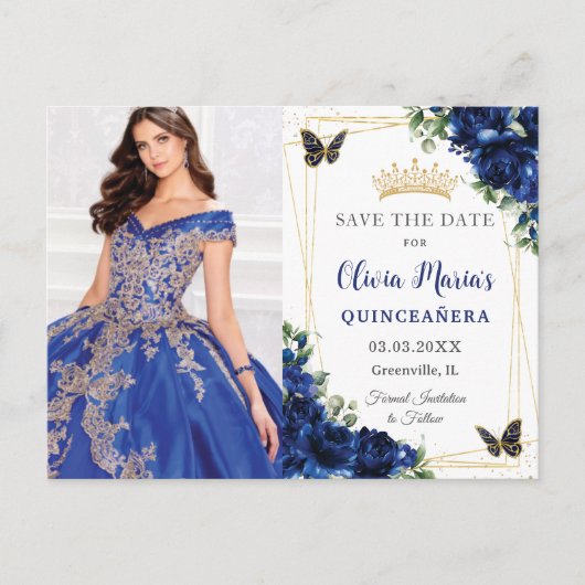 ロイヤルブルーの花飾りと蝶のクイーンセレブレーション写真 案内ポストカード (正面)