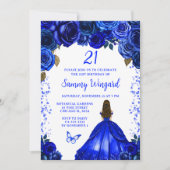 ロイヤルブルーの茶色の髪のプリンセス誕生日パーティー 招待状 (正面)