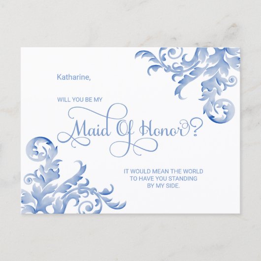ロイヤルブルーの華やかなデザイン - あなたは私のブライズメイドになってくれる？ インビテーションポストカード (正面)