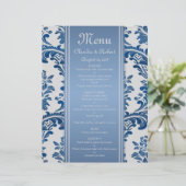 ロイヤルブルーの葉が多いダマスク織の結婚式メニューフライヤ (スタンド正面)