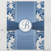 ロイヤルブルーの葉が多いダマスク織の結婚式メニューフライヤ (裏面)