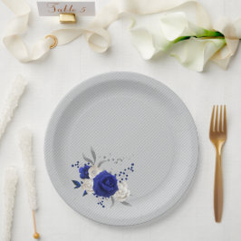 ロイヤルブルーの薔薇 白い花 灰色 ペーパープレート