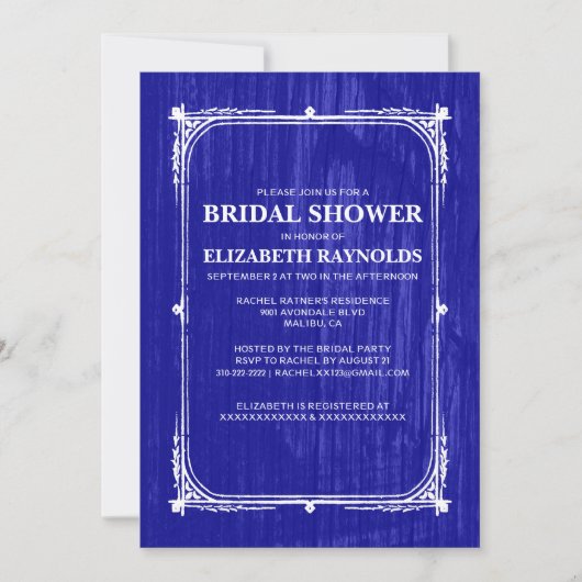 ロイヤルブルーの西部の納屋の木製のブライダルシャワーの招待 招待状 (正面)