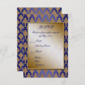 ロイヤルブルーの輝やきのダマスク織の金ゴールド 出欠カード (正面/裏面)