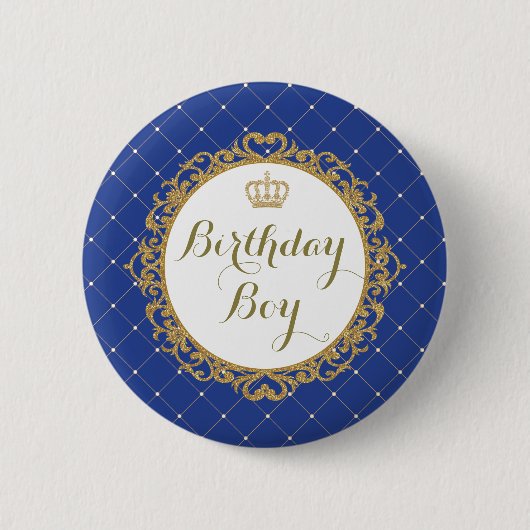 ロイヤルブルーの金ゴールドの王子Birthday Boy Round Badge 缶バッジ (正面)
