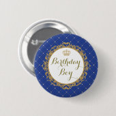 ロイヤルブルーの金ゴールドの王子Birthday Boy Round Badge 缶バッジ (正面&裏面)