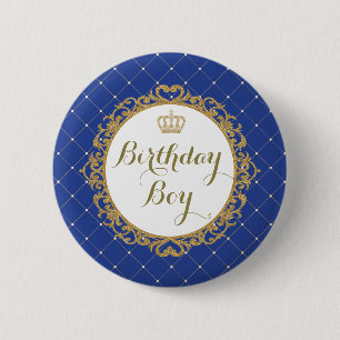ロイヤルブルーの金ゴールドの王子Birthday Boy Round Badge 缶バッジ