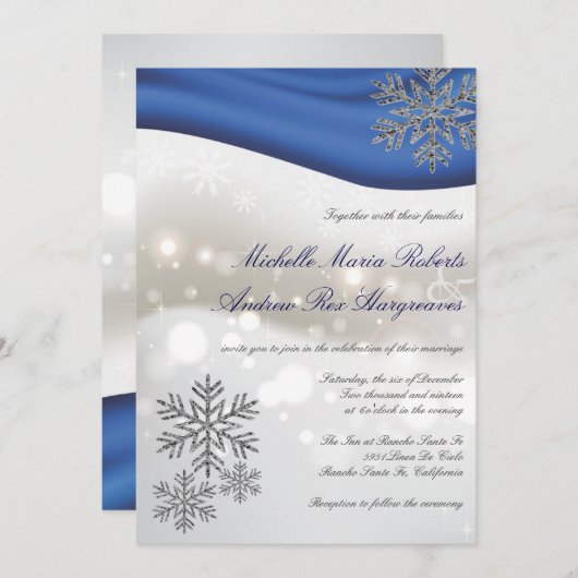 ロイヤルブルーの銀のグリッターの雪片の冬の結婚式 招待状 (正面/裏面)