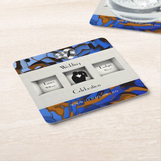 ロイヤルブルーを基調とした現代的で抽象的なデザイン スクエアペーパーコースター (アングル)