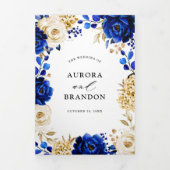 ロイヤルブルーイエローゴールドメタリックフラワーのウェディング 三つ折り案内状 (カバー)