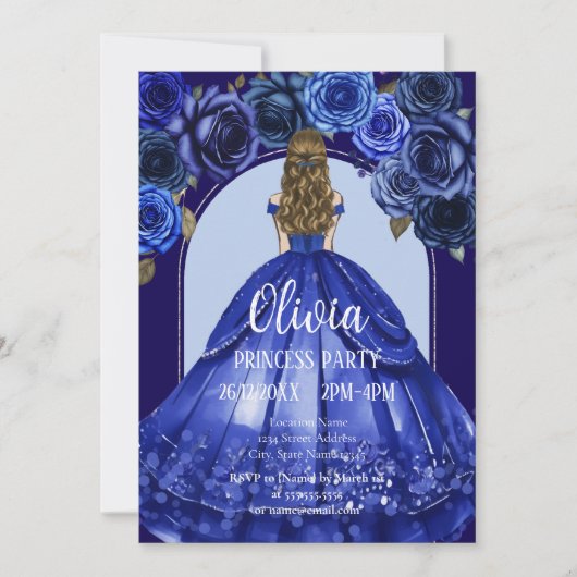 ロイヤルブルーエレガントフラワーアクセントプリンセスパーティー 招待状 (正面)