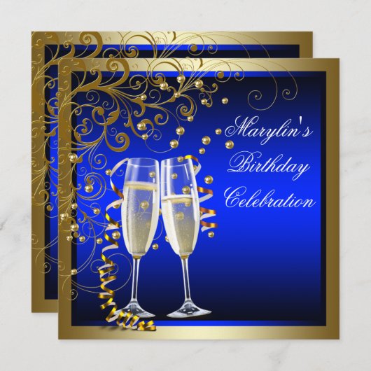 ロイヤルブルーゴールドの女性の青とゴールドの誕生日 招待状 (正面/裏面)