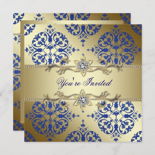 ロイヤルブルーゴールドダマスクパーティー招待状 招待状 (正面/裏面)