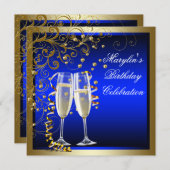 ロイヤルブルーゴールド レディース ブルー ゴールド 誕生日 招待状 (正面/裏面)