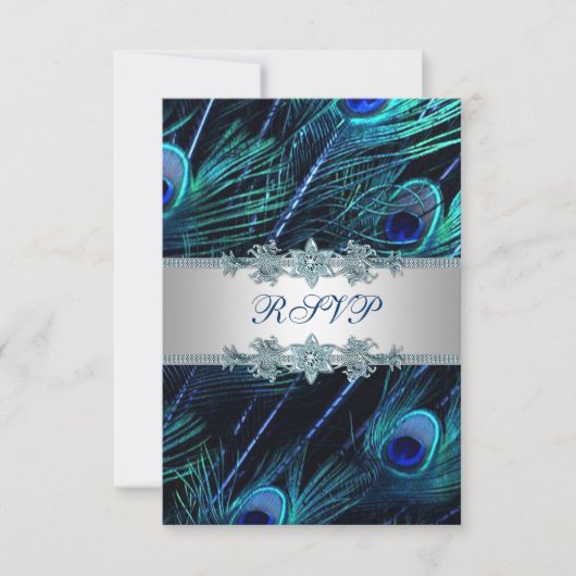 ロイヤルブルーシルバーピーコック 結婚式 RSVP (正面)