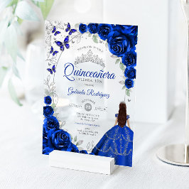 ロイヤルブルーシルバーフローラル quinceanera アクリル招待状