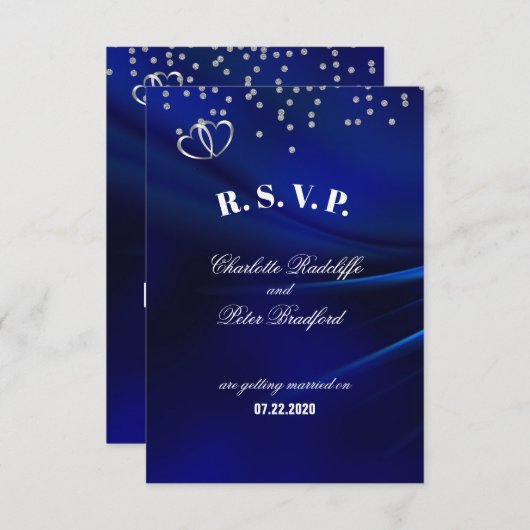ロイヤルブルーダイヤモンド＆ハートの結婚式出欠確認カード 出欠カード (正面/裏面)