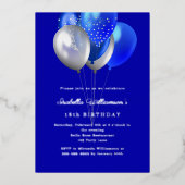 ロイヤルブルーバルーン 誕生日 シルバー 箔招待状 (正面)