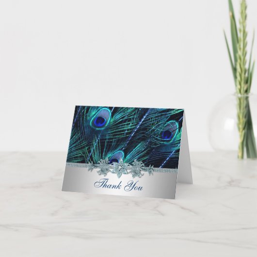ロイヤルブルーパープルペコックの羽のウェディング サンキューカード (正面)