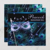 ロイヤルブルーパープルペコックマスカレードパーティー 招待状 (正面/裏面)