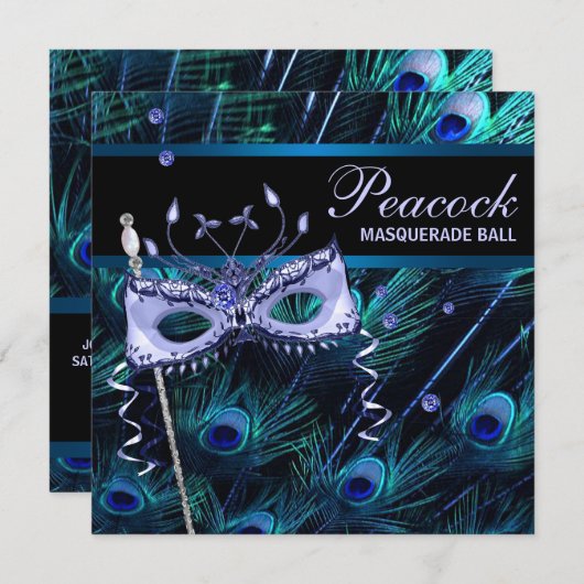 ロイヤルブルーパープルペコックマスカレードパーティー 招待状 (正面/裏面)