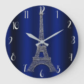 ロイヤルブルー及びエッフェル塔のパリの銀製のモダンな魅力 ラージ壁時計 (正面)