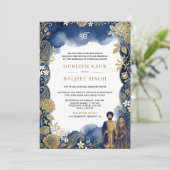 ロイヤルブルー水彩ゴールドペイズリー シク教徒の結婚式 招待状 (スタンド正面)