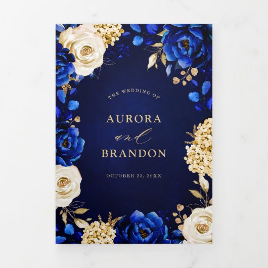 ロイヤルブルー イエロー ゴールド メタリック フローラル ウェディング トリ 三つ折り案内状 (カバー)