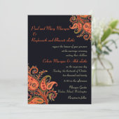 ロイヤルブルー オレンジ ペイズリー フラワープリント インドの結婚式 招待状 (スタンド正面)