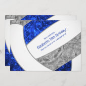 ロイヤルブルー グレー ガーリー バレーボール 誕生日パーティー 招待状 (正面/裏面)