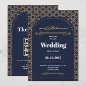 ロイヤルブルー ゴールドレース QRコード ムスリム ウェディング 招待状 (正面/裏面)