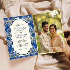 ロイヤルブルー ゴールドレース QRコード 写真 インドの結婚式 招待状