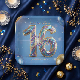 ロイヤルブルー ゴールド グリッター スパークル Sweet 16 誕生日 ペーパープレート