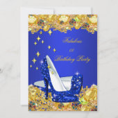 ロイヤルブルー ゴールド グリッター ハイ ヒール 誕生日パーティー 招待状 (正面)