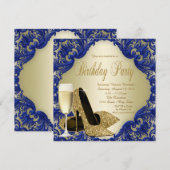 ロイヤルブルー ゴールド シャンパン 誕生日パーティー 招待状 (正面/裏面)