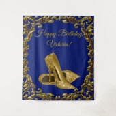 ロイヤルブルー ゴールド シューズ バースデーパーティー L 背景 タペストリー (正面)