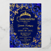 ロイヤルブルー ゴールド バタフライ バラ Quinceanera 箔招待状 (正面)
