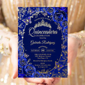 ロイヤルブルー ゴールド バタフライ バラ Quinceanera 箔招待状